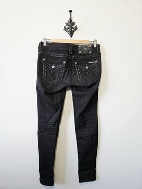 Miss Me Skinny Low Rise Jeans Size 26 Black Embellished Thick Stitch Y2K